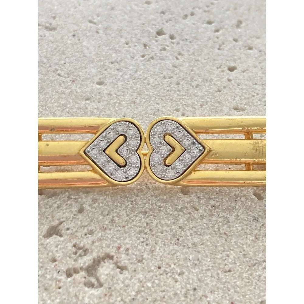 Monet Double Heart Brooch Gold‎ Tone Rhinestone Bar Pin Signed Art Deco Style